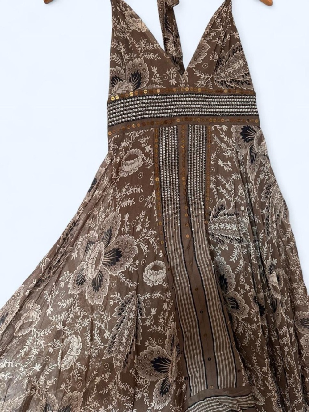 BCBGMaxAzria Brown Paisley Halter Asymmetrical Maxi Dress - Picture 3 of 9